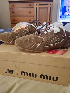 Miu Miu Brown Suede Sneakers with White & Peach Accents